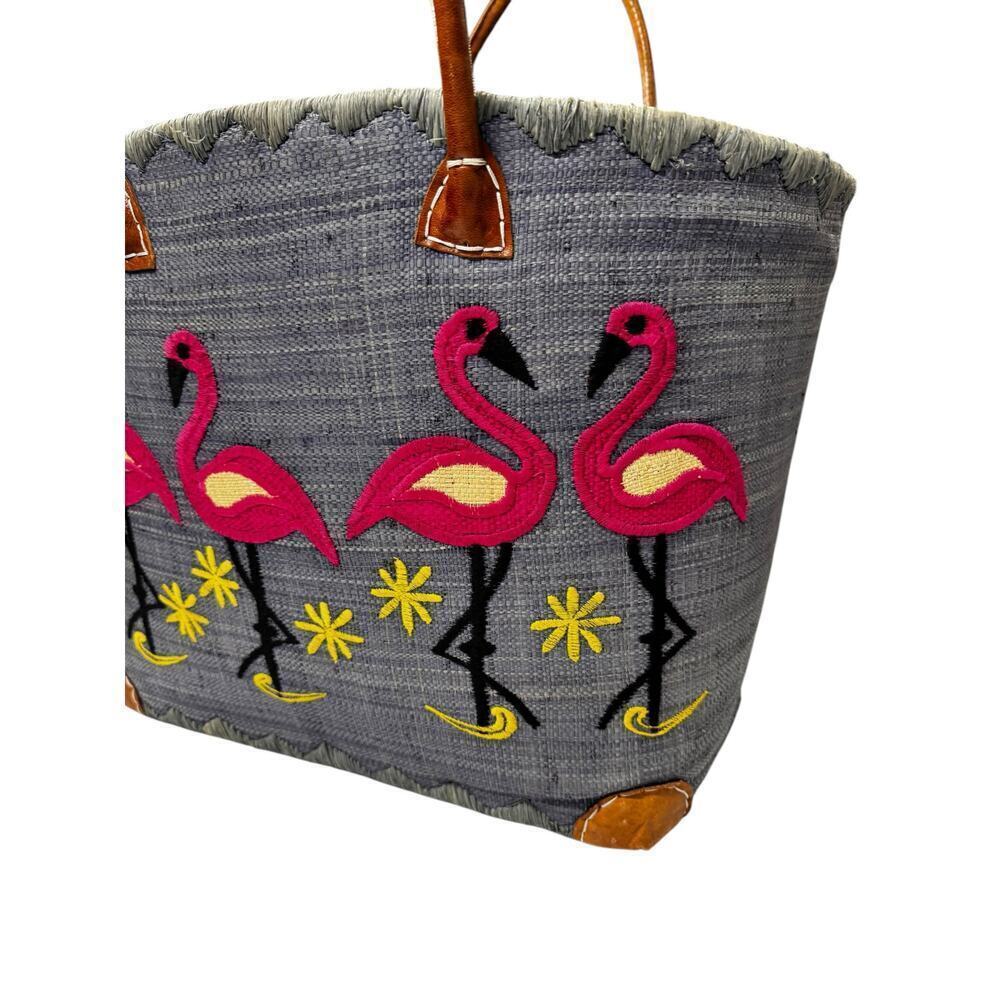 Le Comptoir De La Plage "Madagascar" Woven Raffia Blue/Pink Flamingos ExL Tote - Picture 11 of 16